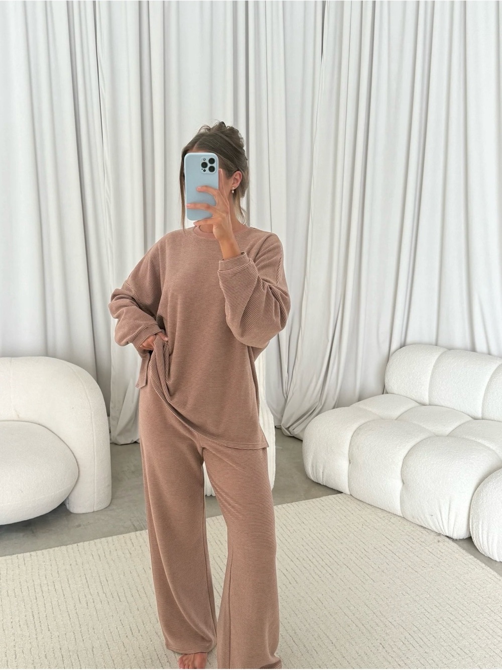Dusty Rose Striped Long Sleeve Top & Wide Leg Pants